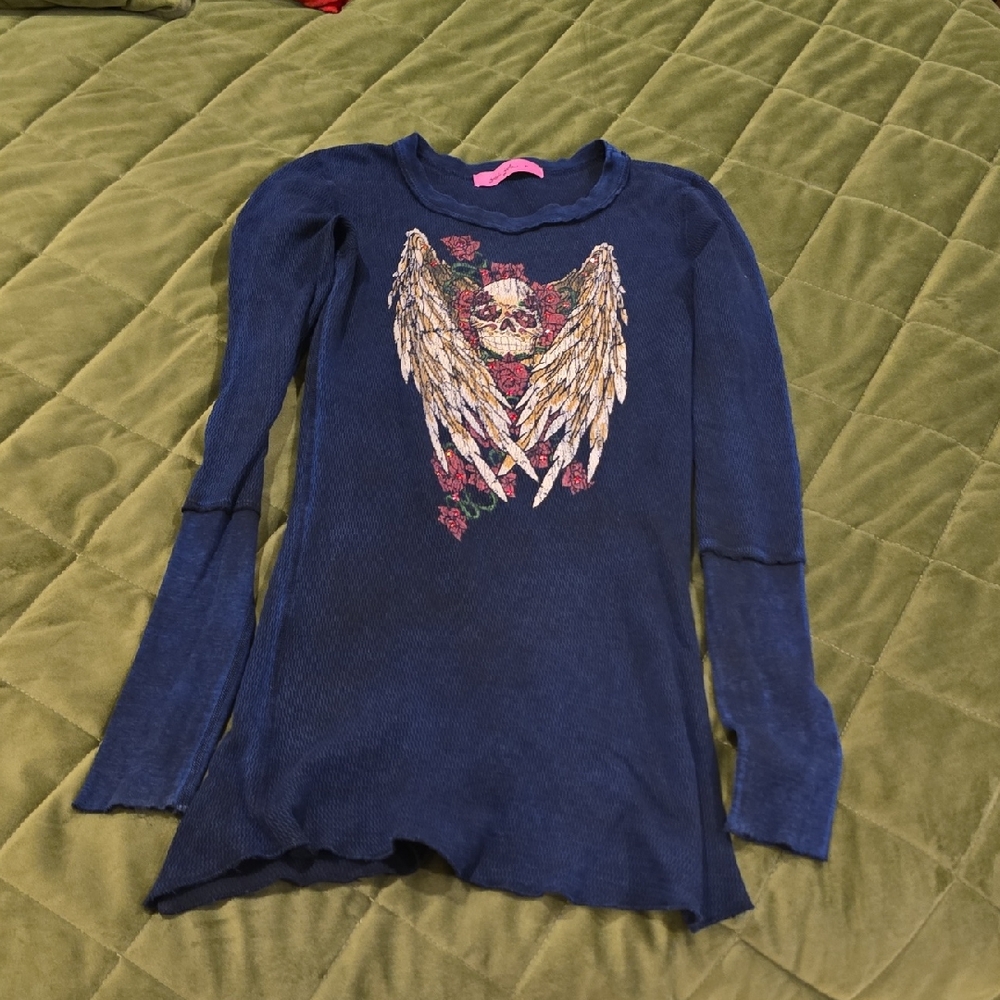 Navy Blue Women Cotton Shirt with Wing Design
